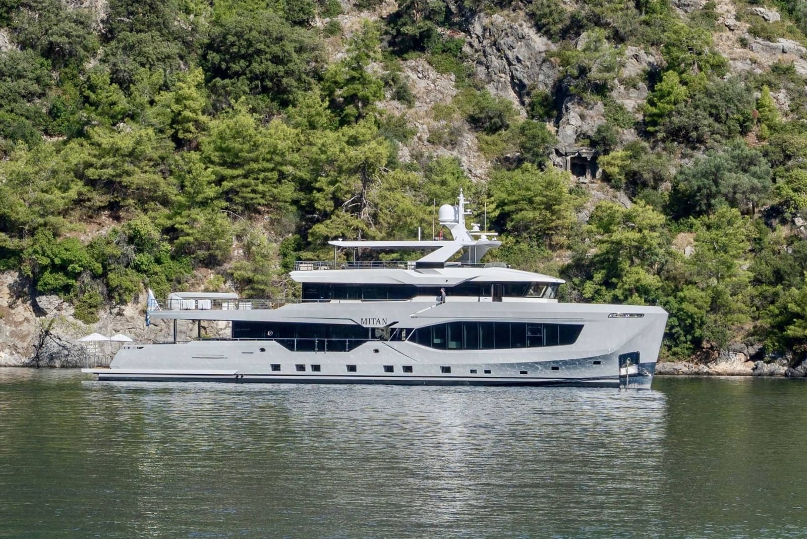 Mitan moored against the Turkish coast